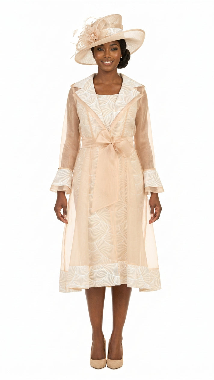 Woman wearing a beige robe with lace details on a white background