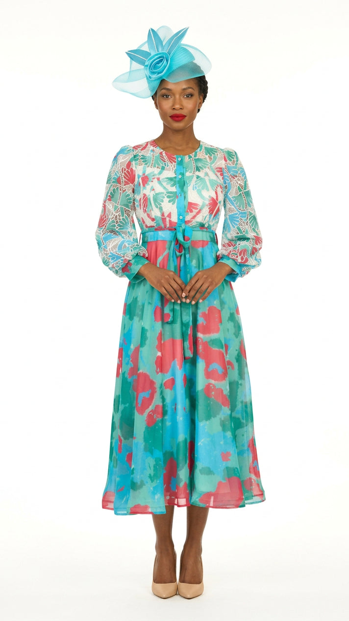 Embroidered Floral Chiffon Maxi Dress w/ Belt-Plus
