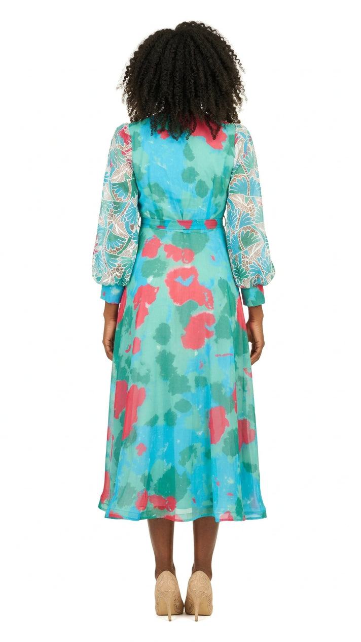Embroidered Floral Chiffon Maxi Dress w/ Belt-Plus
