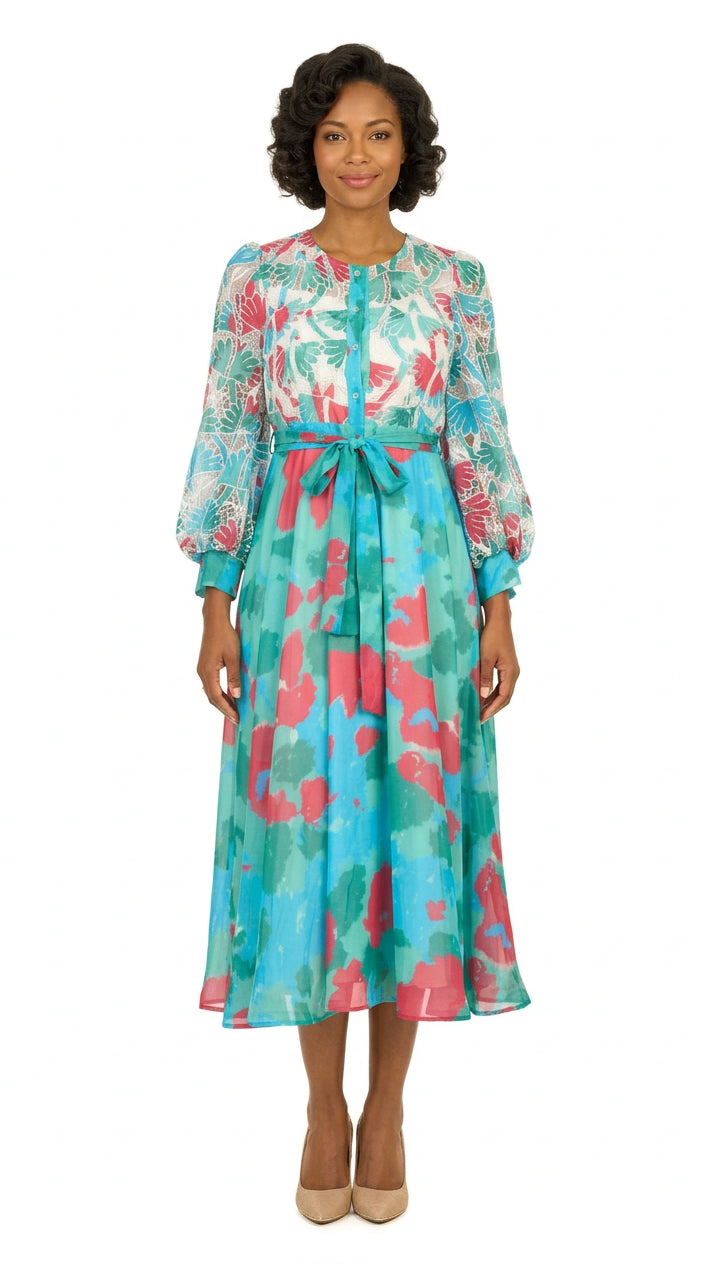 Embroidered Floral Chiffon Maxi Dress w/ Belt