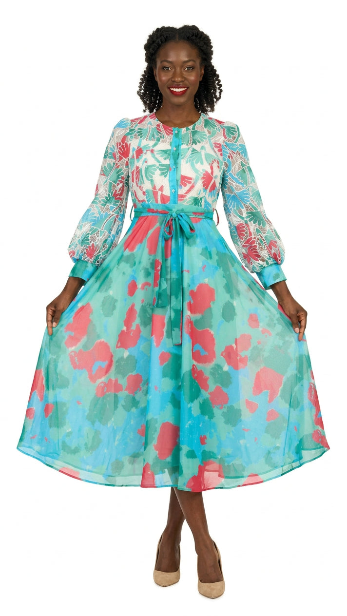Embroidered Floral Chiffon Maxi Dress w/ Belt