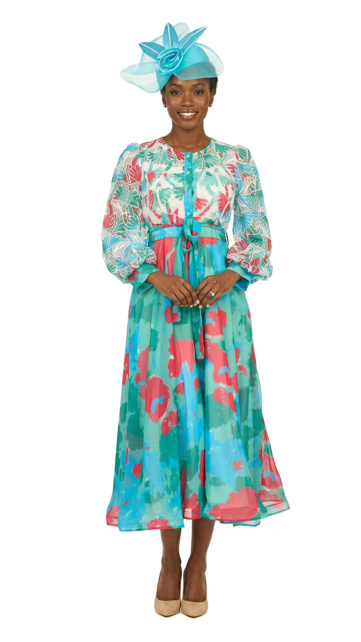 Embroidered Floral Chiffon Maxi Dress w/ Belt