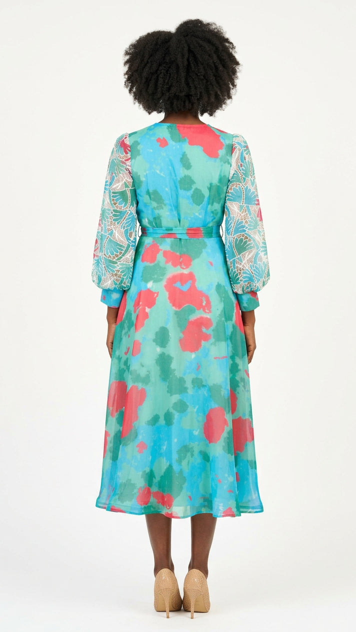 Embroidered Floral Chiffon Maxi Dress w/ Belt