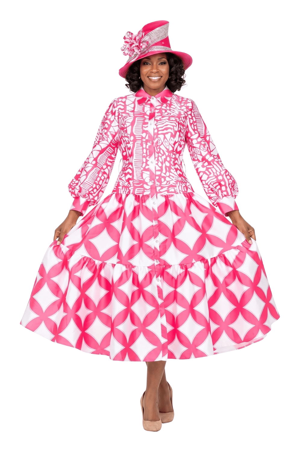 Bold Prt Tiered Button - Front Midi Drs w/ Belt - Plus - Especially Yours