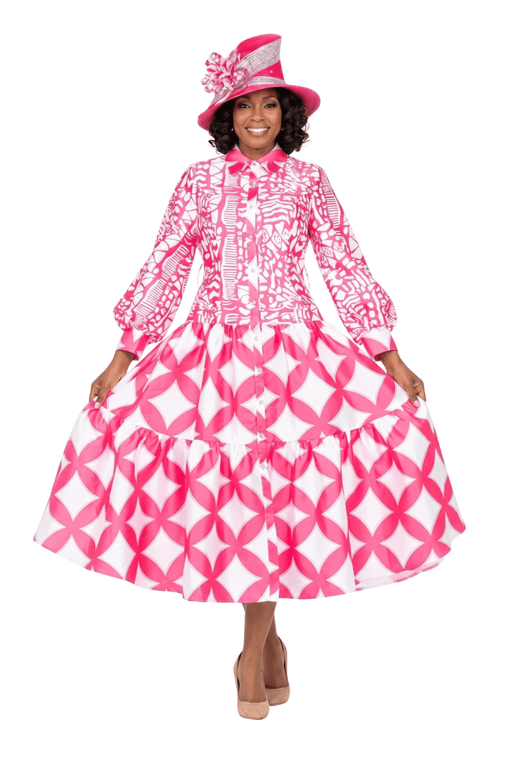 Bold Prt Tiered Button - Front Midi Drs w/ Belt - Plus - Especially Yours