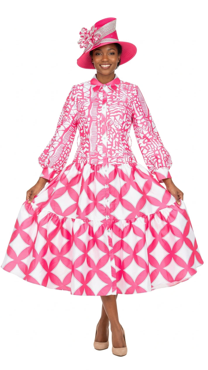 Bold Print Tiered Button-Front Midi Dress w/ Belt