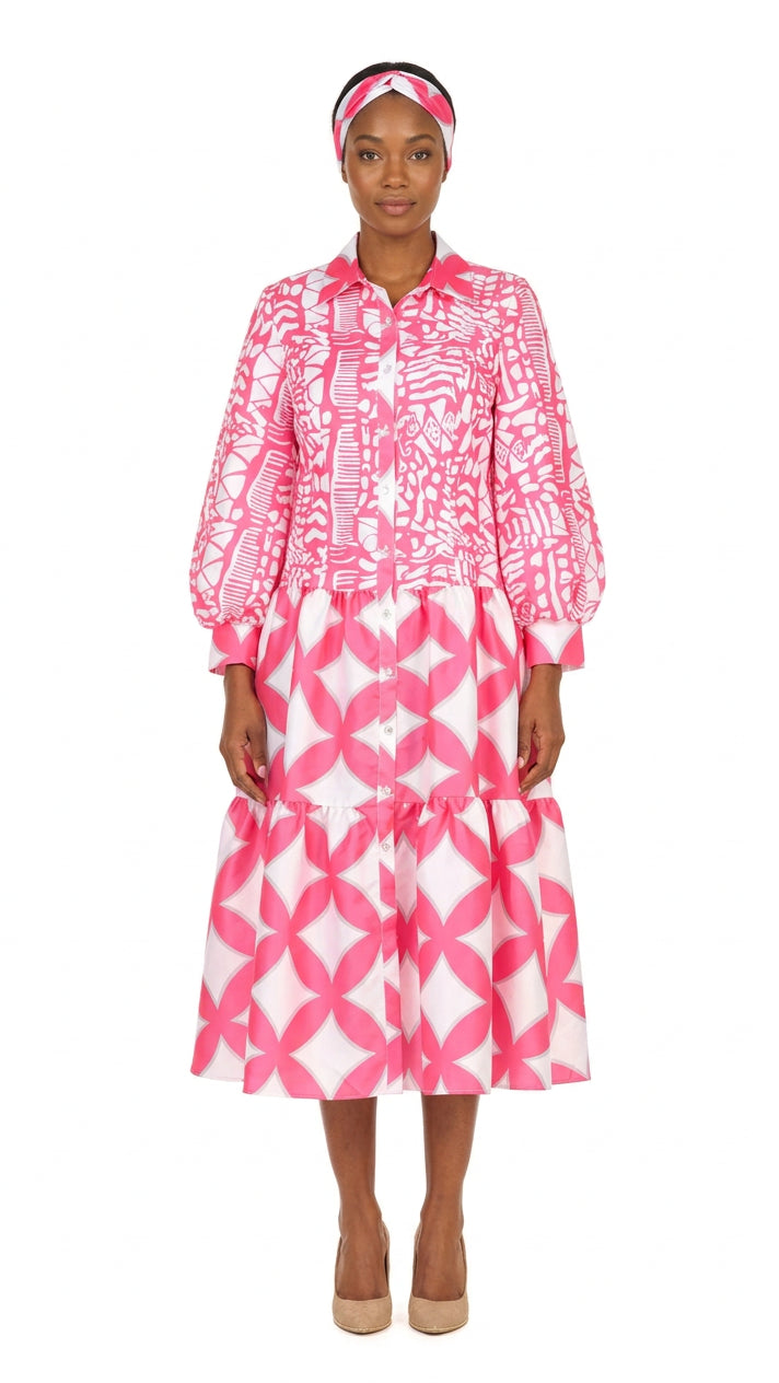 Bold Print Tiered Button-Front Midi Dress w/ Belt
