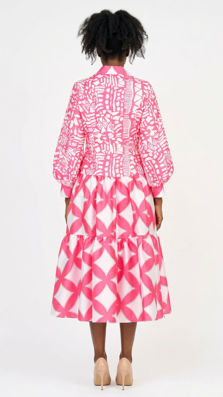 Bold Print Tiered Button-Front Midi Dress w/ Belt