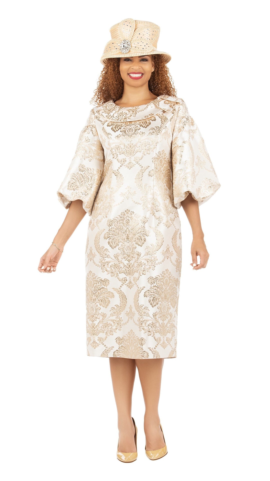 3/4 Puff Slv Brocade Shift Dress w/ Vintage Collar