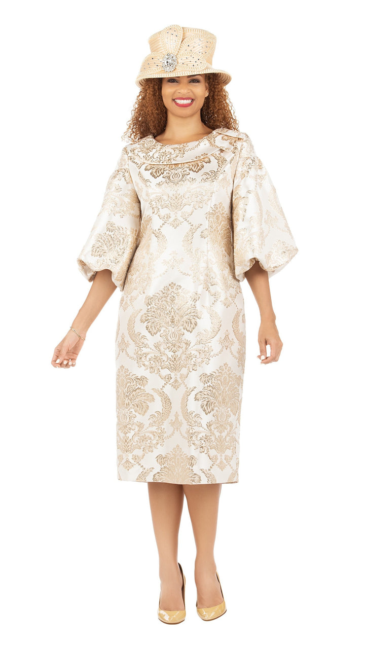 3/4 Puff Slv Brocade Shift Dress w/ Vintage Collar