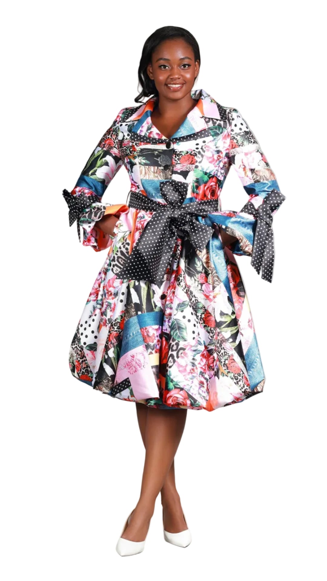 Notch Collar Print & Dot Shirt Drs w/ Belt-Plus