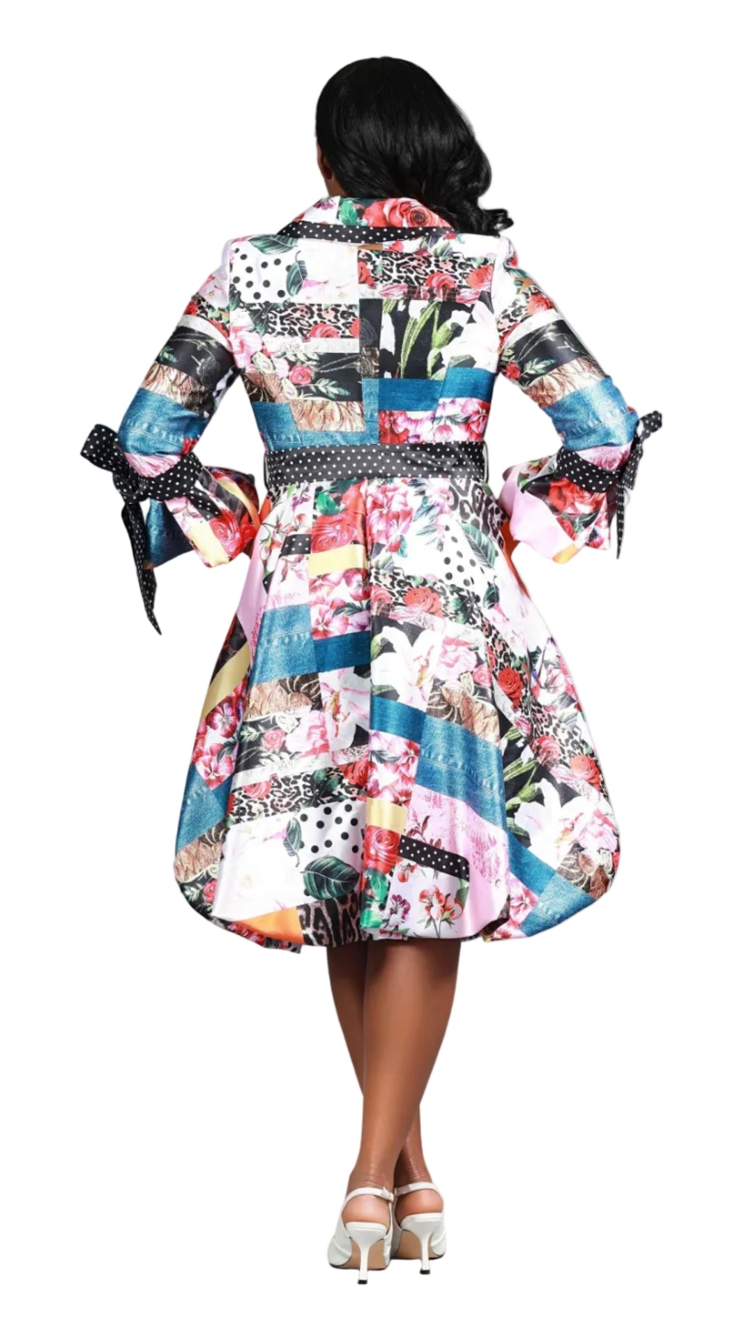 Notch Collar Print & Dot Shirt Drs w/ Belt-Plus