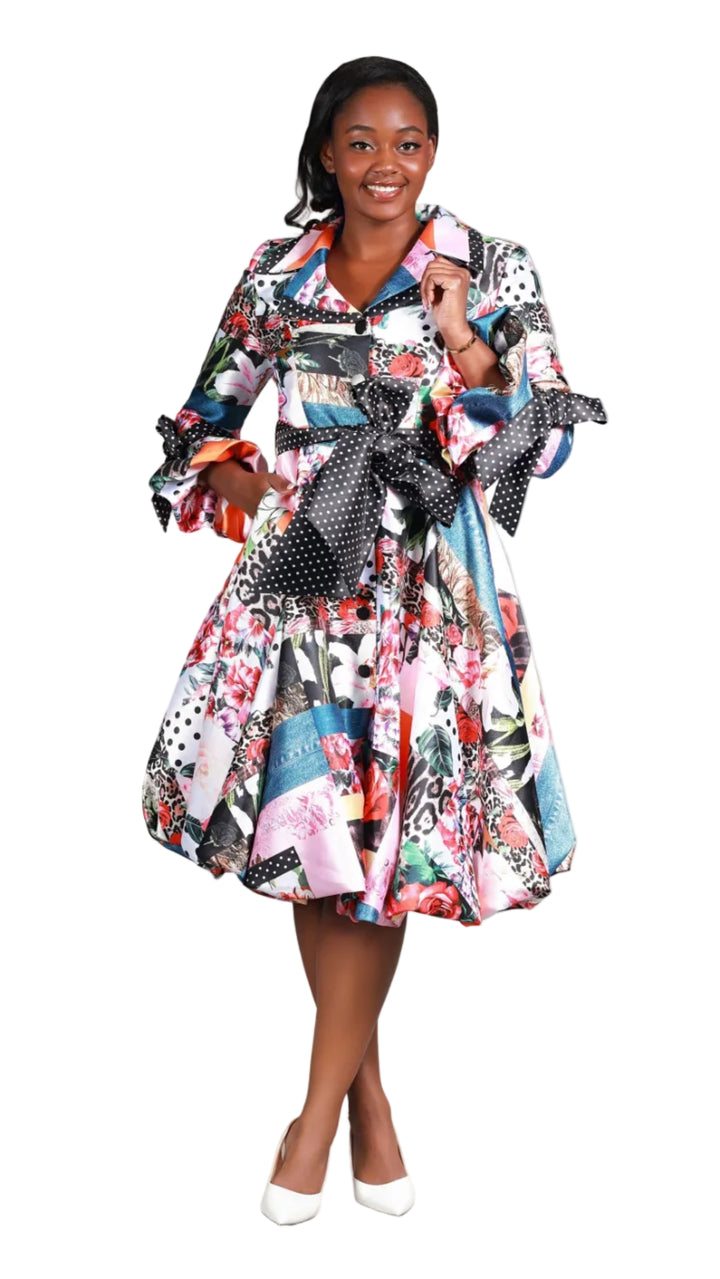 Notch Collar Print & Dot Shirt Drs w/ Belt-Plus