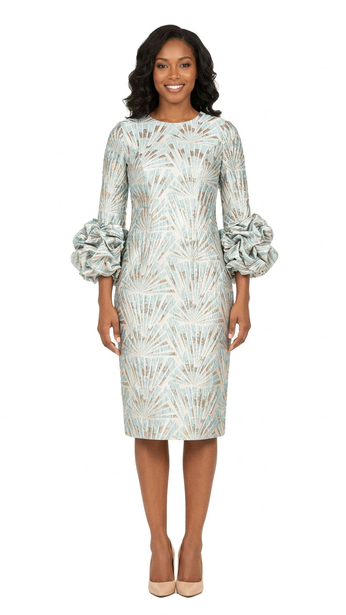 Metallic Brocade Rosette-Cuff Midi Dress