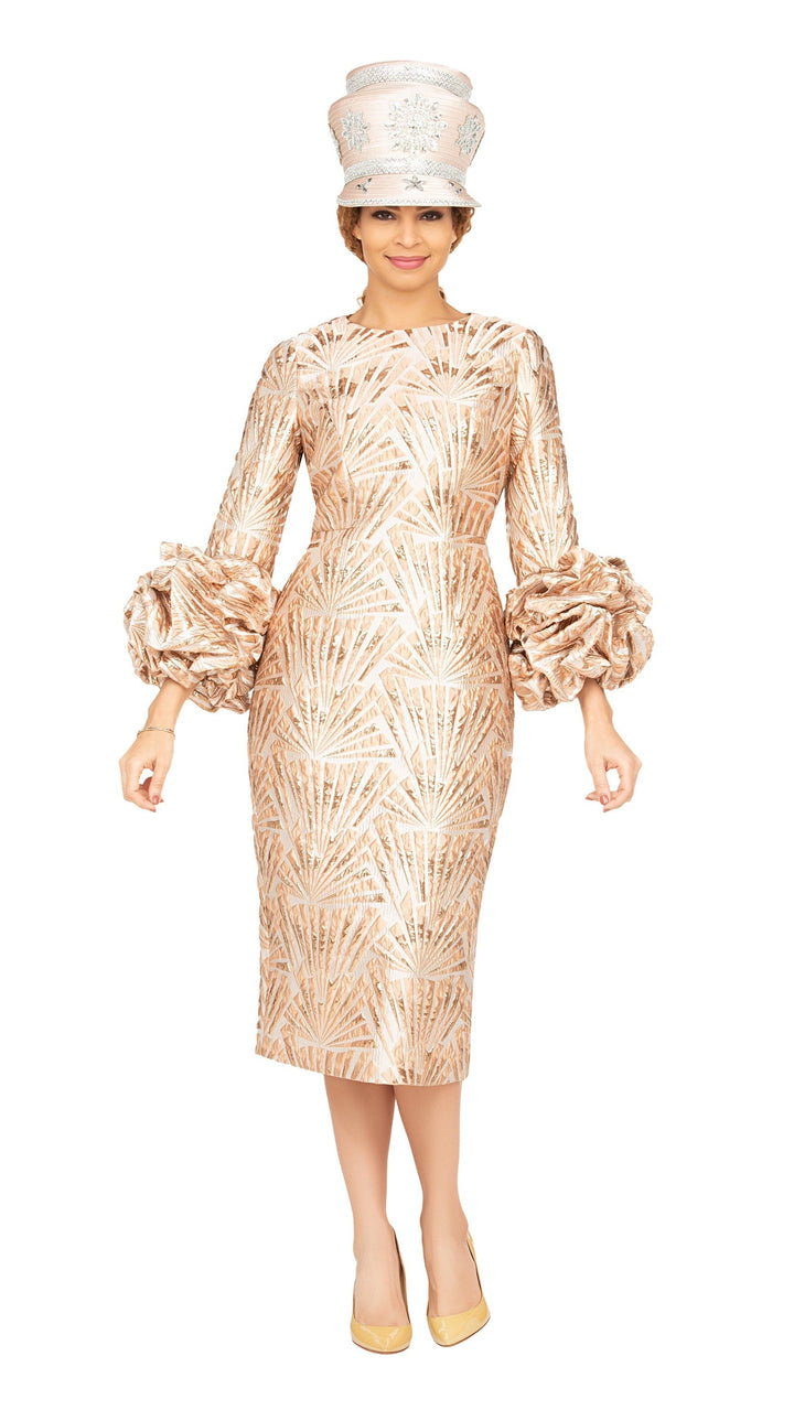 Metallic Brocade Rosette-Cuff Midi Dress