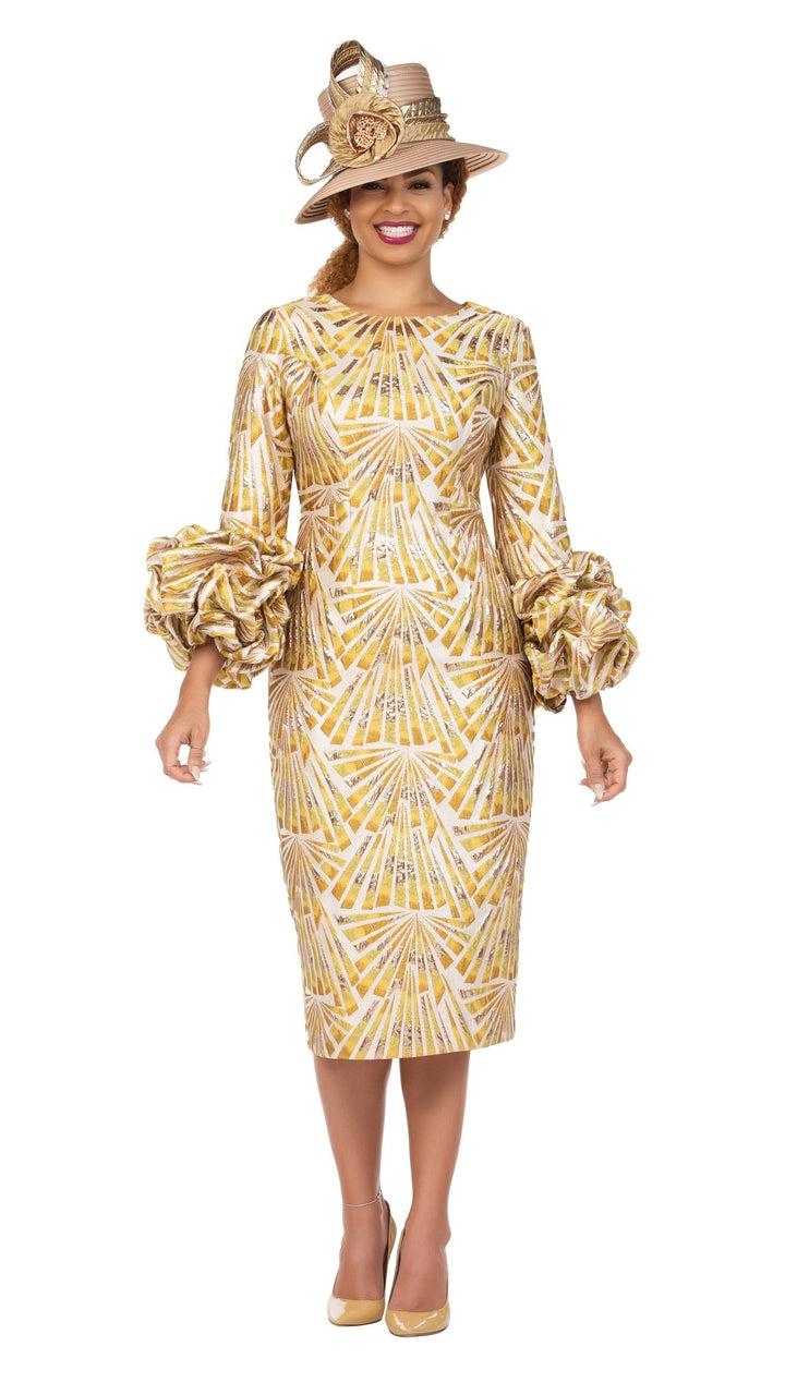 Metallic Brocade Rosette-Cuff Midi Dress