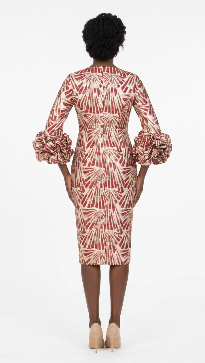 Metallic Brocade Rosette-Cuff Midi Dress
