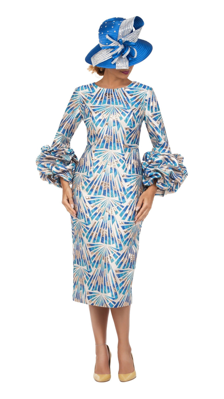 Metallic Brocade Rosette-Cuff Midi Dress