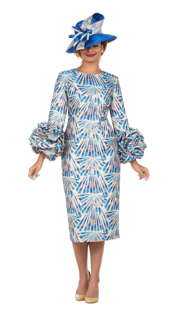 Metallic Brocade Rosette-Cuff Midi Dress