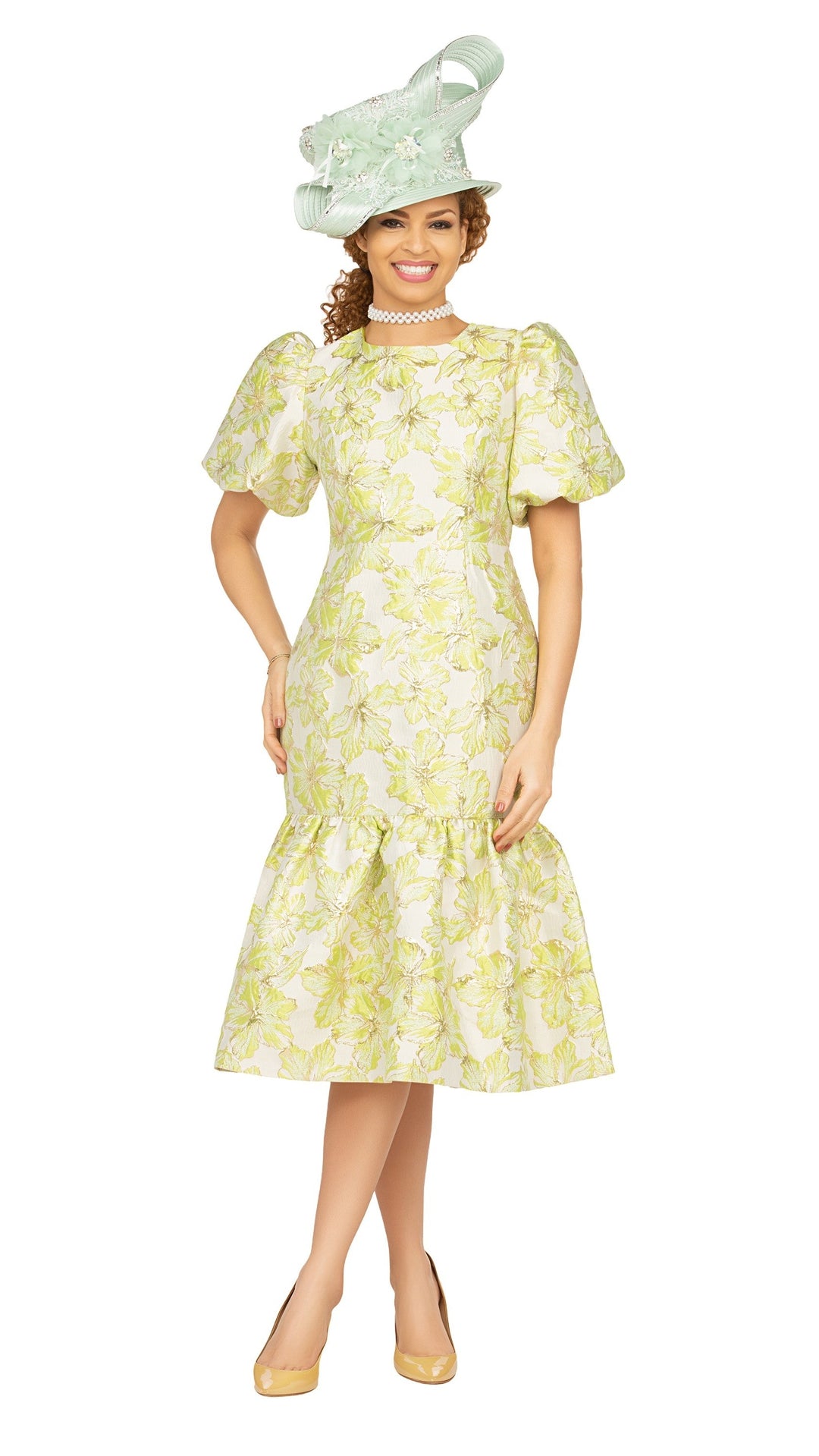Floral Brocade Short Balloon Slv Mermaid Dress