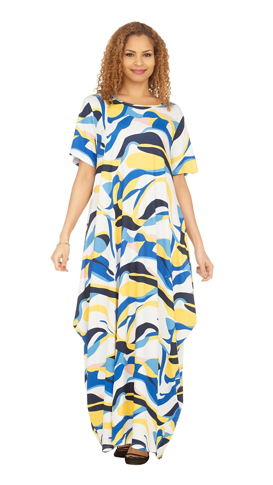 Short Slv Jersey Knit Abstract Print Maxi Dress