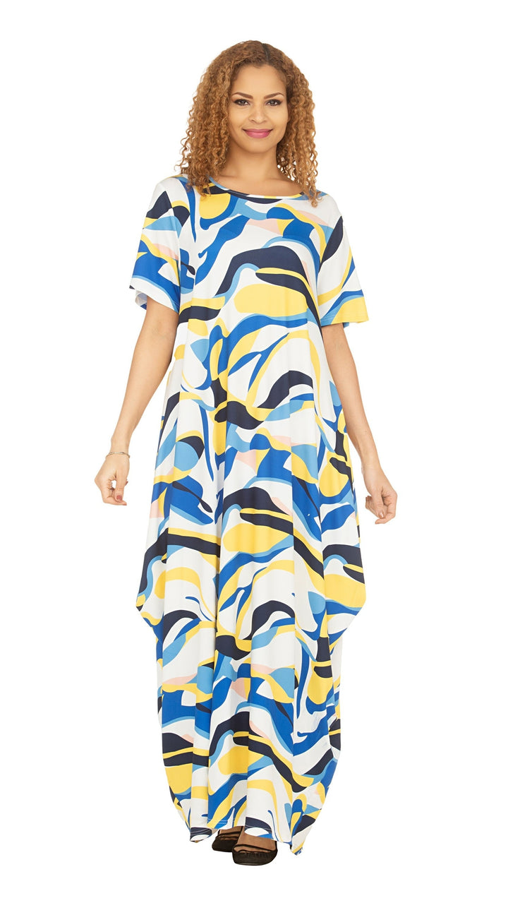 Short Slv Jersey Knit Abstract Print Maxi Dress