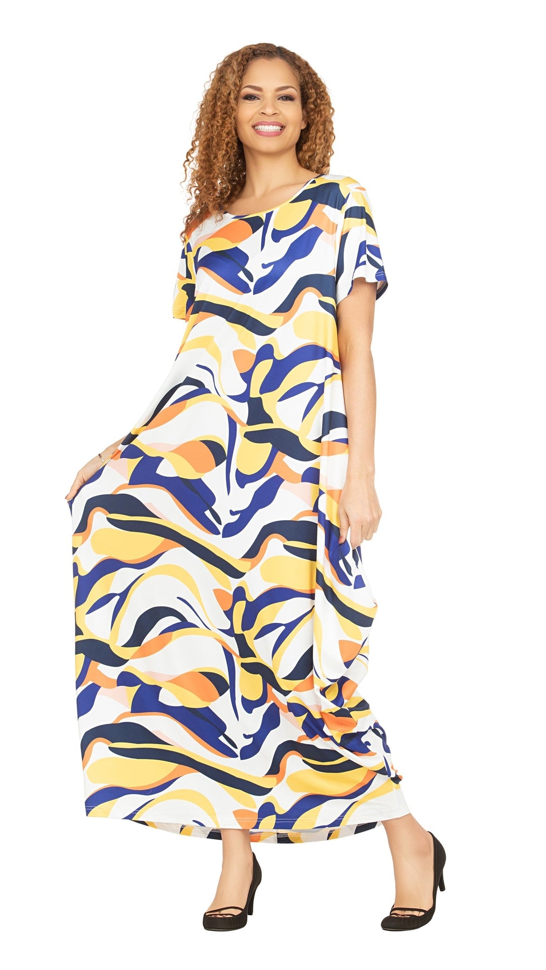 Short Slv Jersey Knit Abstract Print Maxi Dress