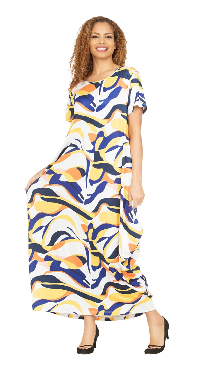 Short Slv Jersey Knit Abstract Print Maxi Dress