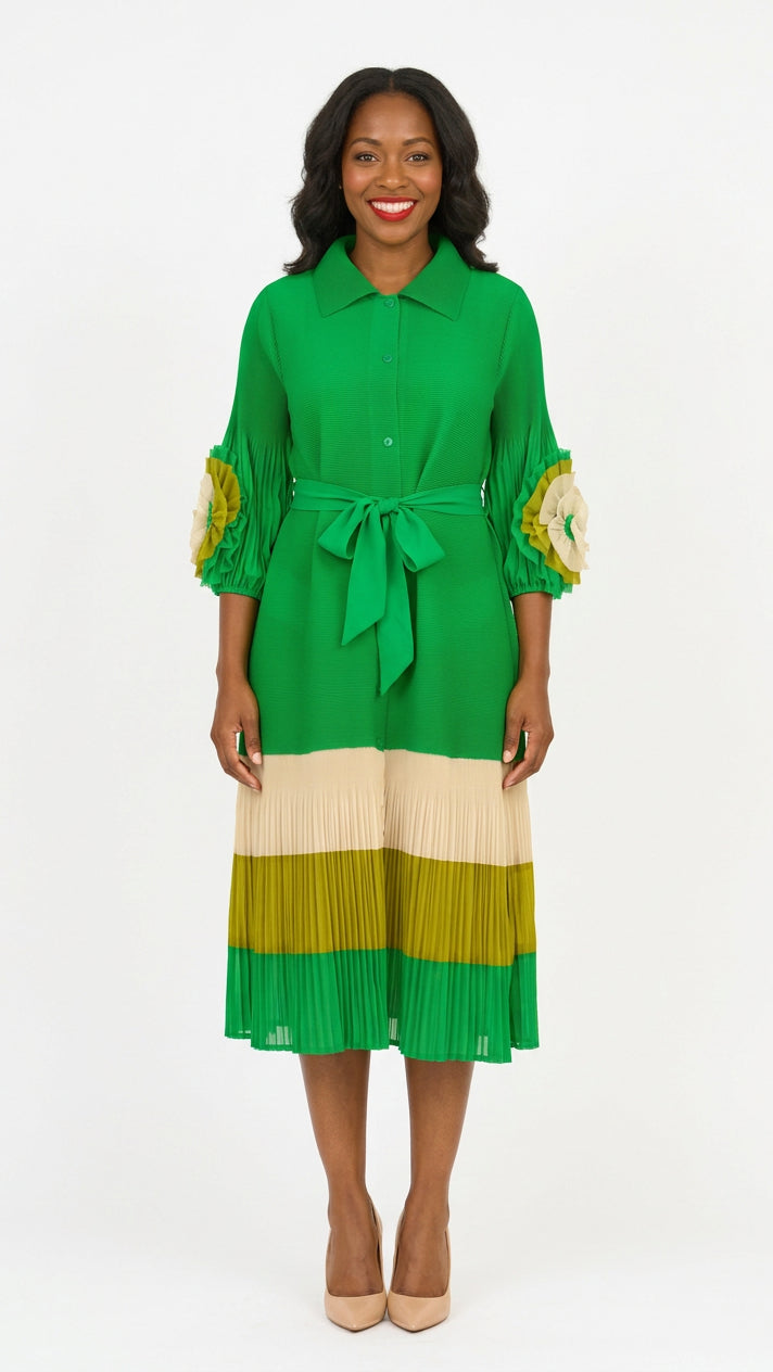Notch Collar Color Block Shirt Dress in Pleats
