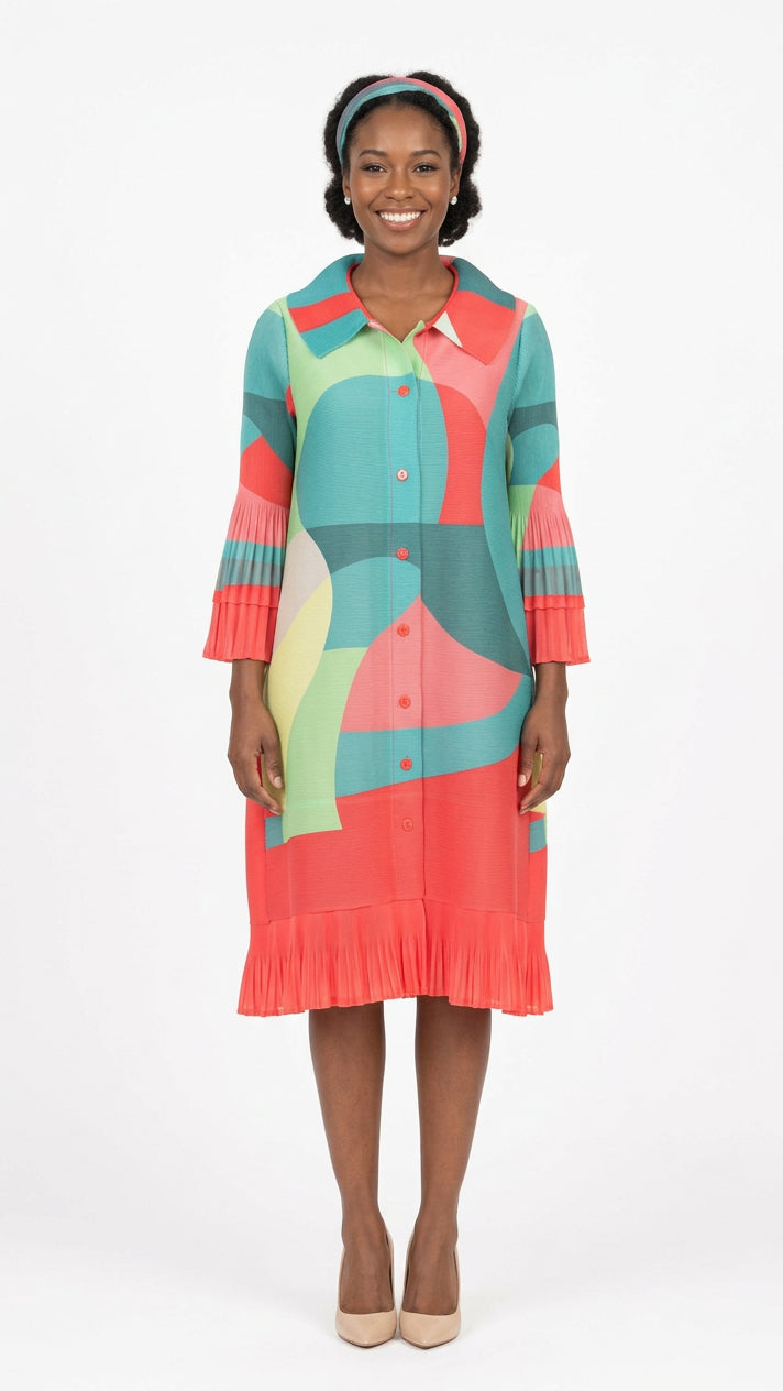 Abstract Print Button Down Midi Dress in Pleats