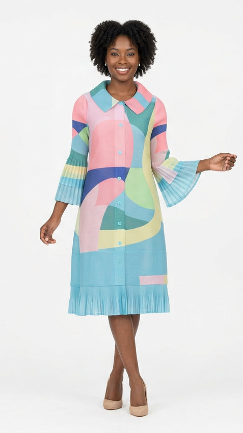 Abstract Print Button Down Midi Dress in Pleats