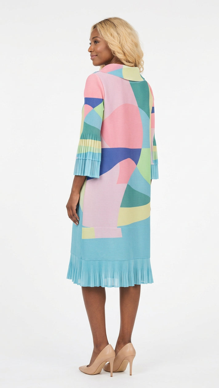 Abstract Print Button Down Midi Dress in Pleats