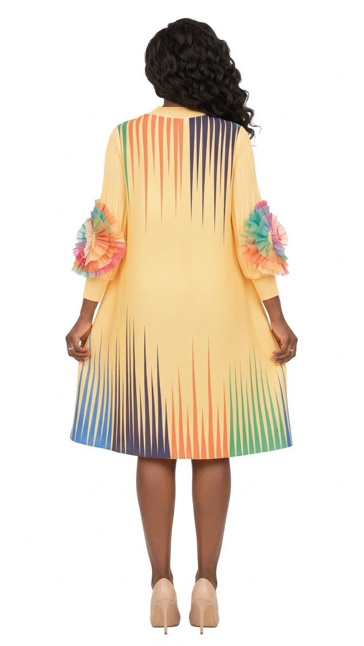Golden Glow Pleated Dress w/ Artistic Stripe Print