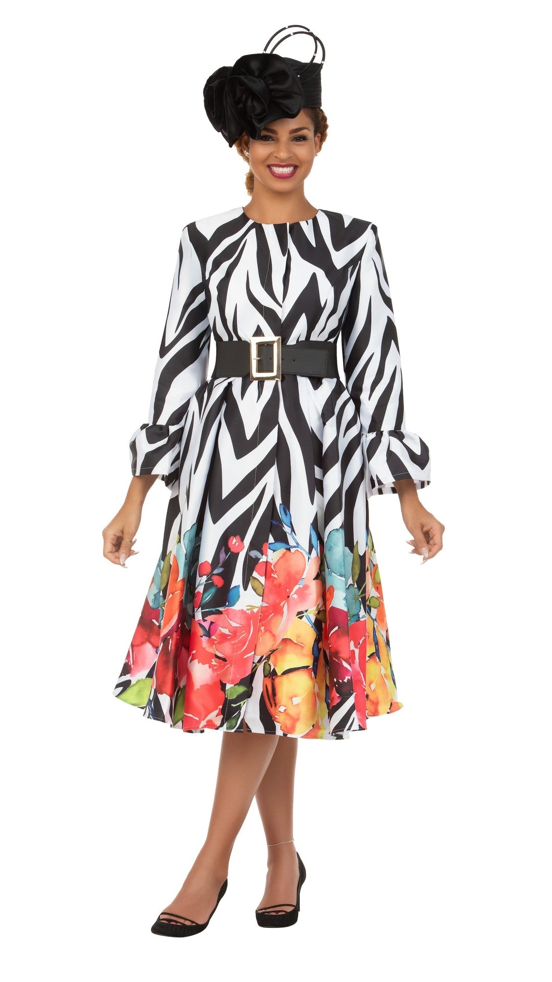 Bold Zebra Floral Silky Twill Tea-Length Dress