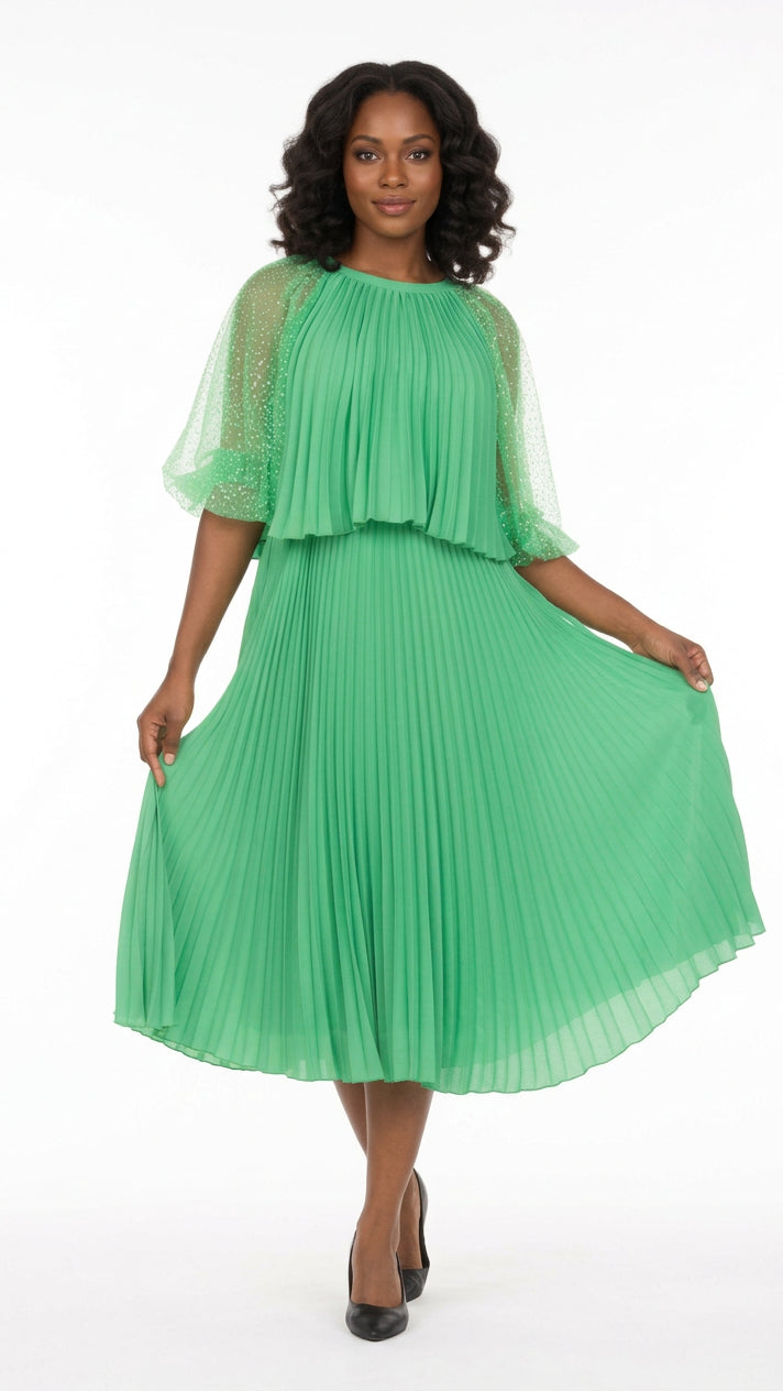 Pleated Chiffon Midi Dress w/ Shimmer Mesh Sleeves