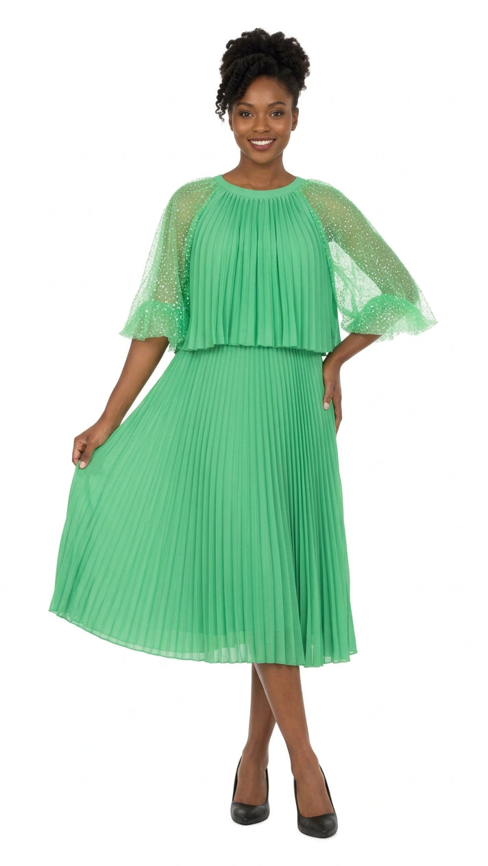 Pleated Chiffon Midi Dress w/ Shimmer Mesh Sleeves