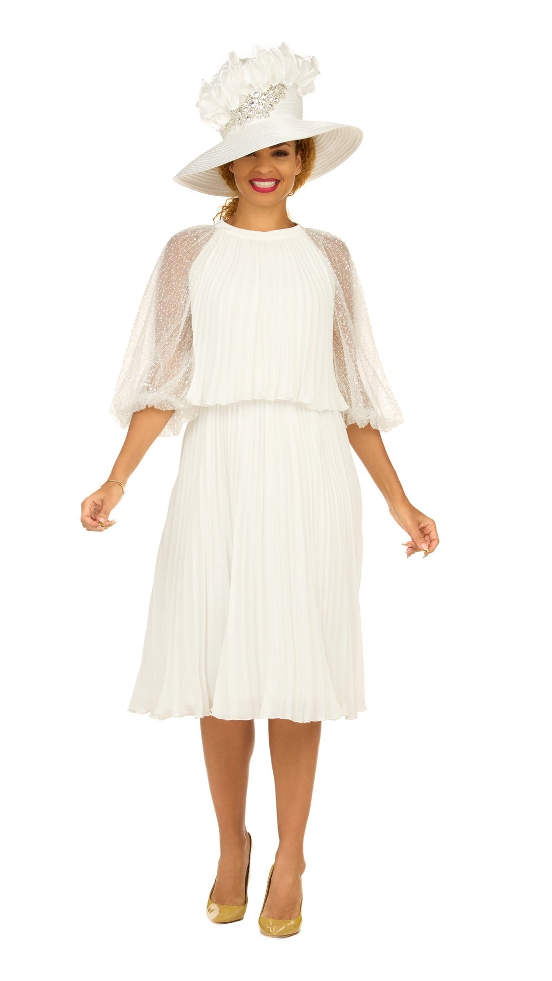 Pleated Chiffon Midi Dress w/ Shimmer Mesh Sleeves