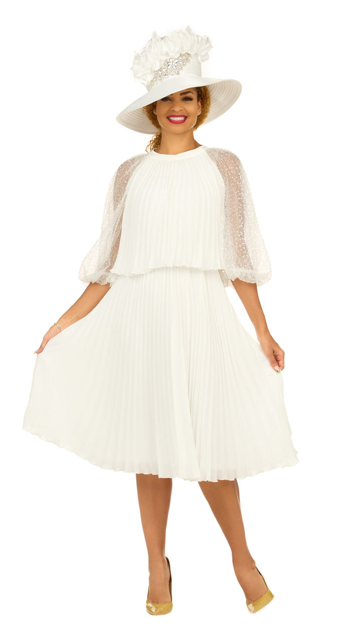 Pleated Chiffon Midi Dress w/ Shimmer Mesh Sleeves