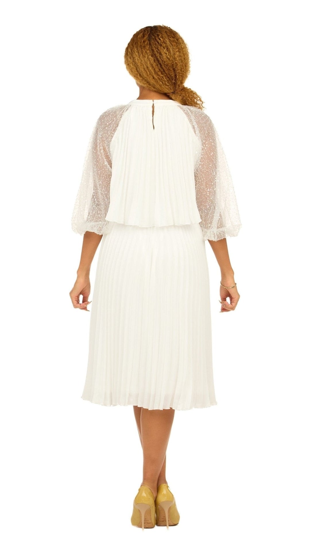 Pleated Chiffon Midi Dress w/ Shimmer Mesh Sleeves - Especially Yours