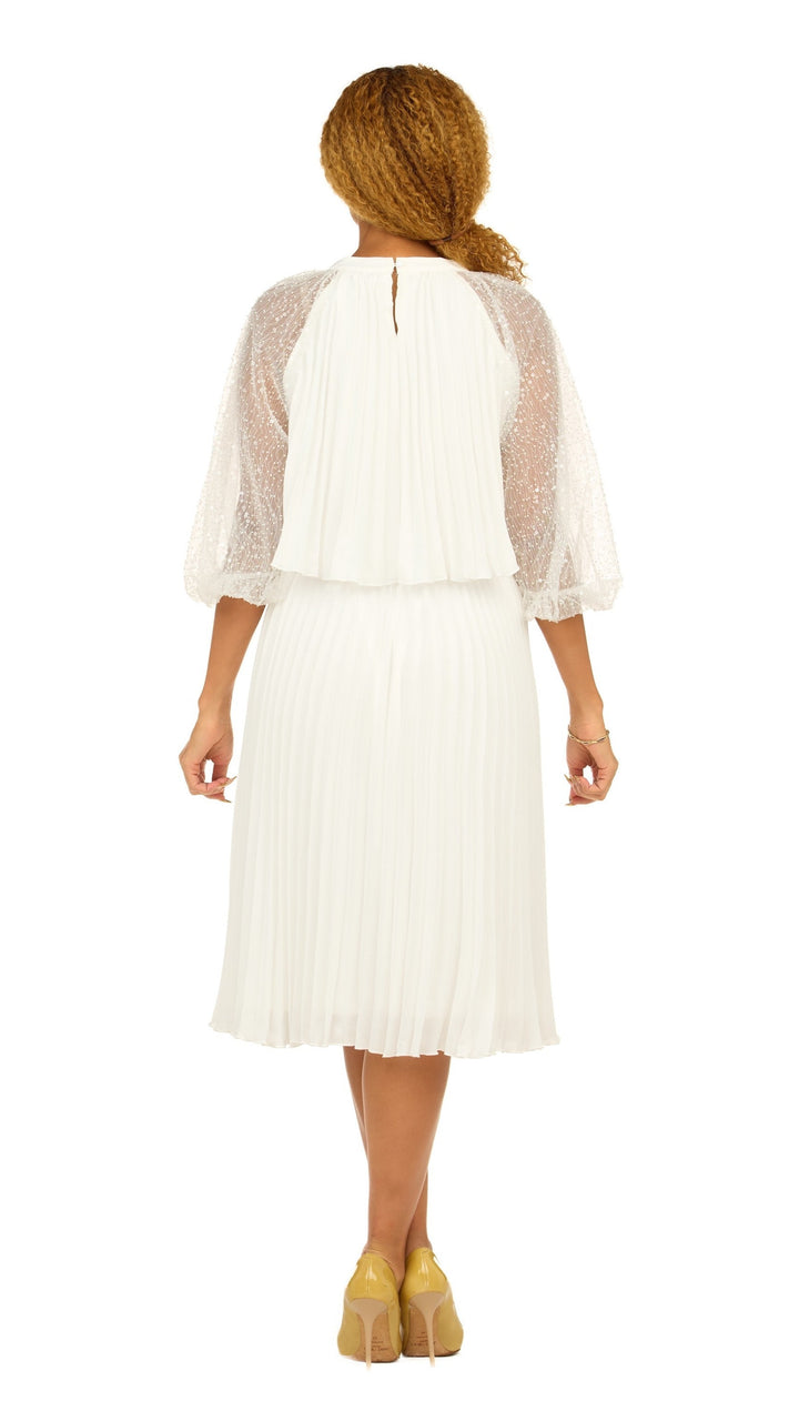 Pleated Chiffon Midi Dress w/ Shimmer Mesh Sleeves