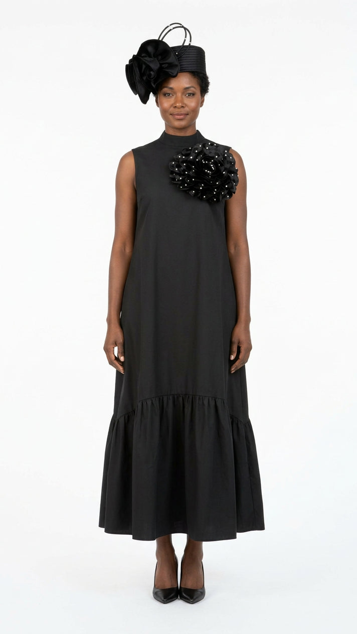 Luxury Flare Dress with Handcrafted Floral Detail