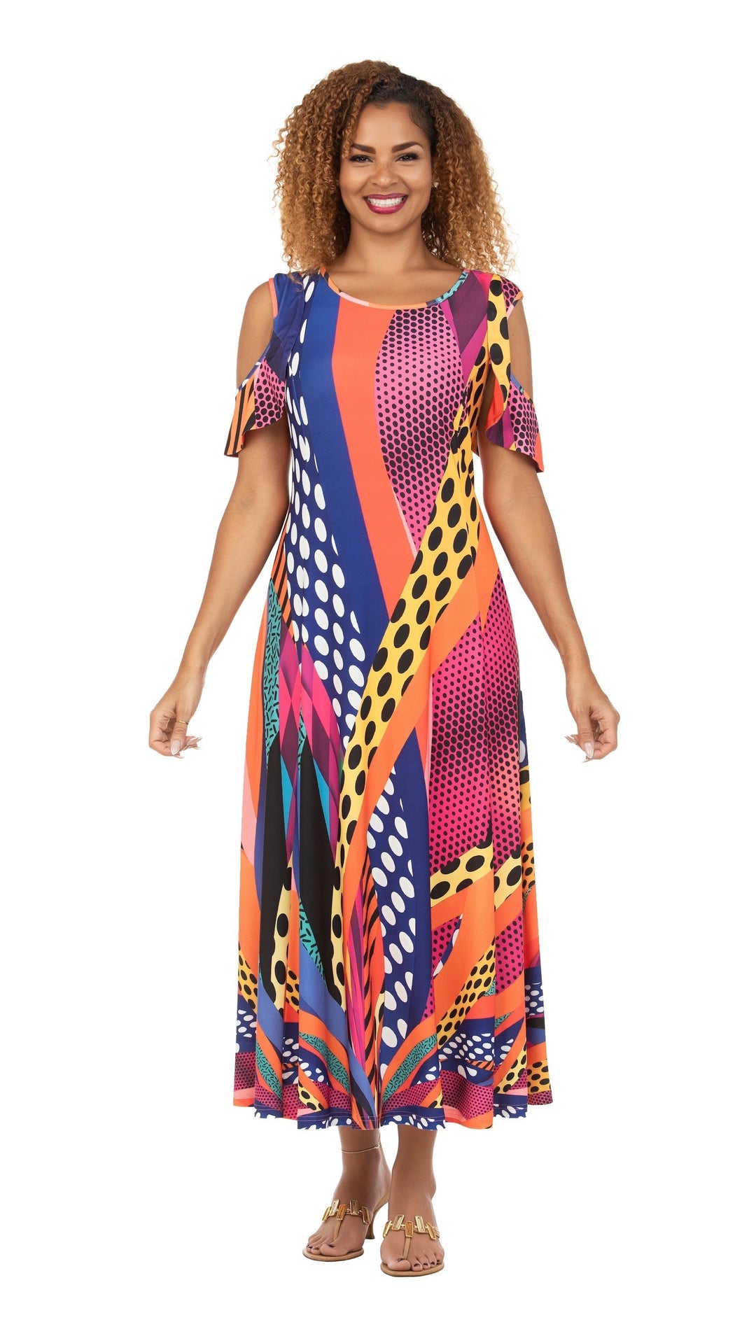 Vibrant Printed Cold-Shoulder Maxi Dress