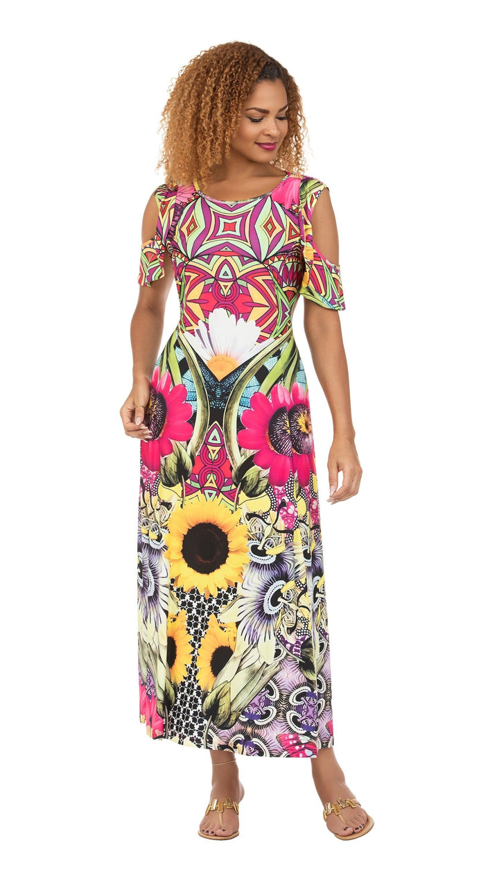 Vibrant Printed Cold-Shoulder Maxi Dress