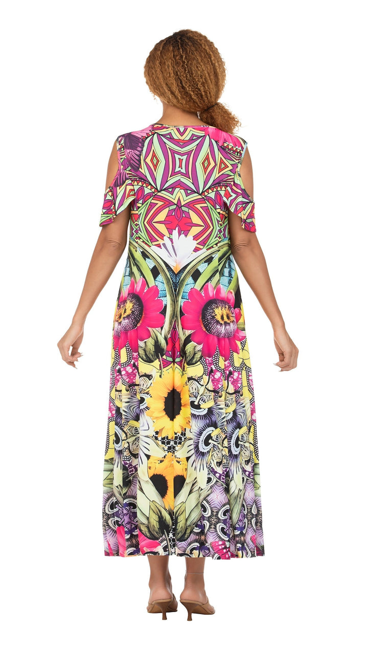 Vibrant Printed Cold-Shoulder Maxi Dress