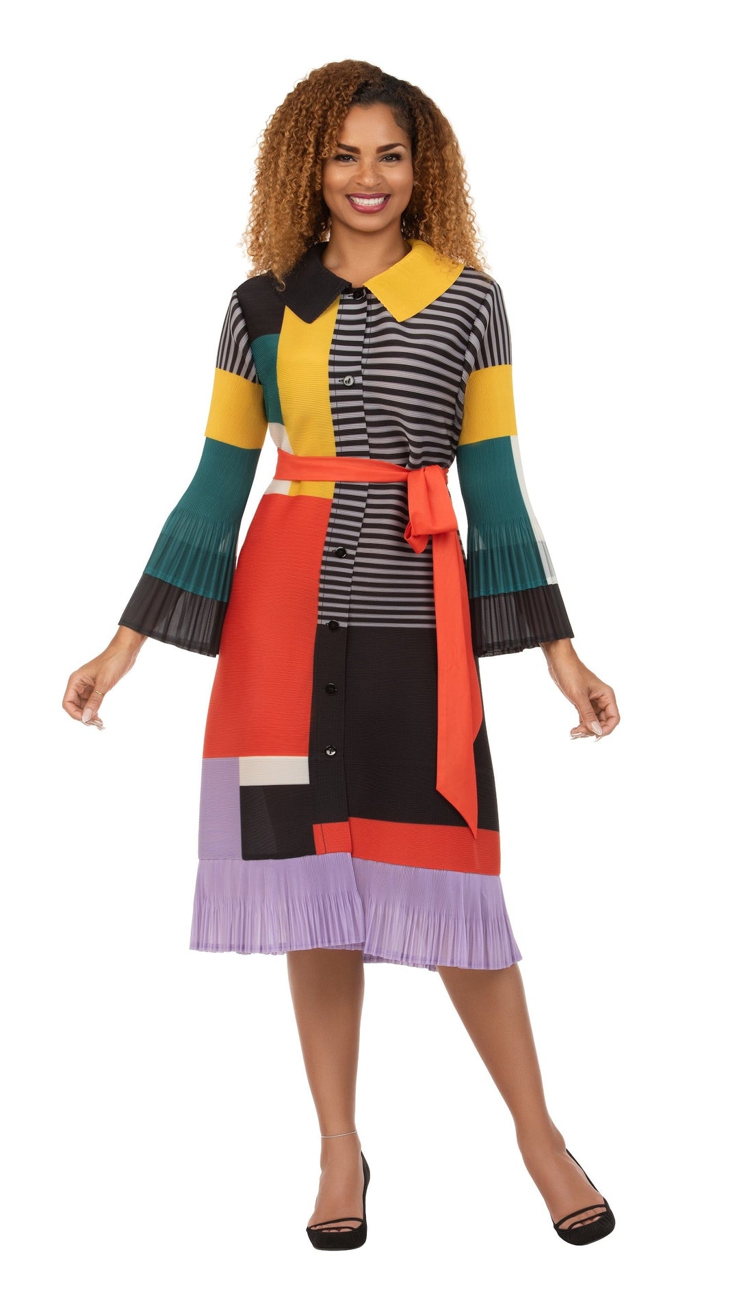Artistic Colorblock Pleated Shirt Dress with Belt