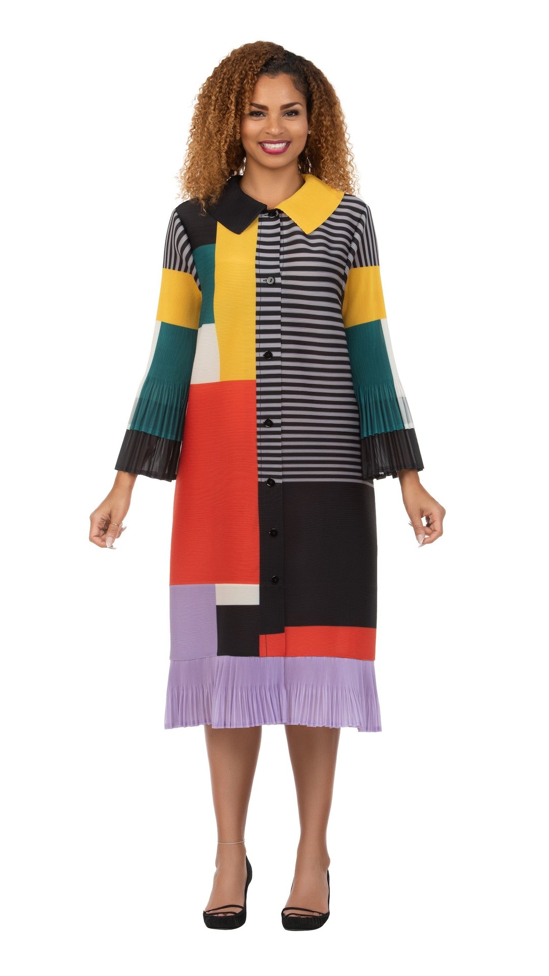 Artistic Colorblock Pleated Shirt Dress with Belt
