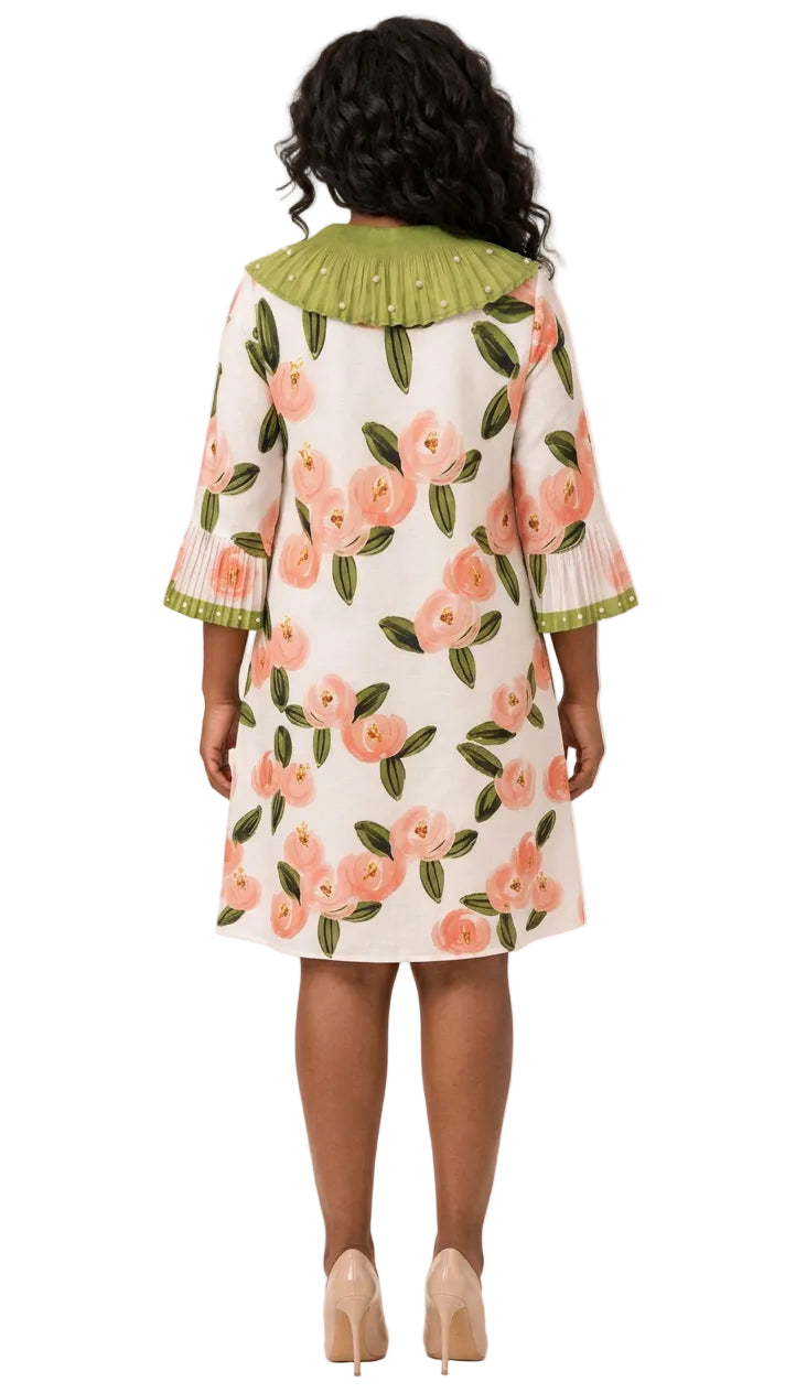 Pearl-Trim Pleated Collar Floral Print Mini Dress