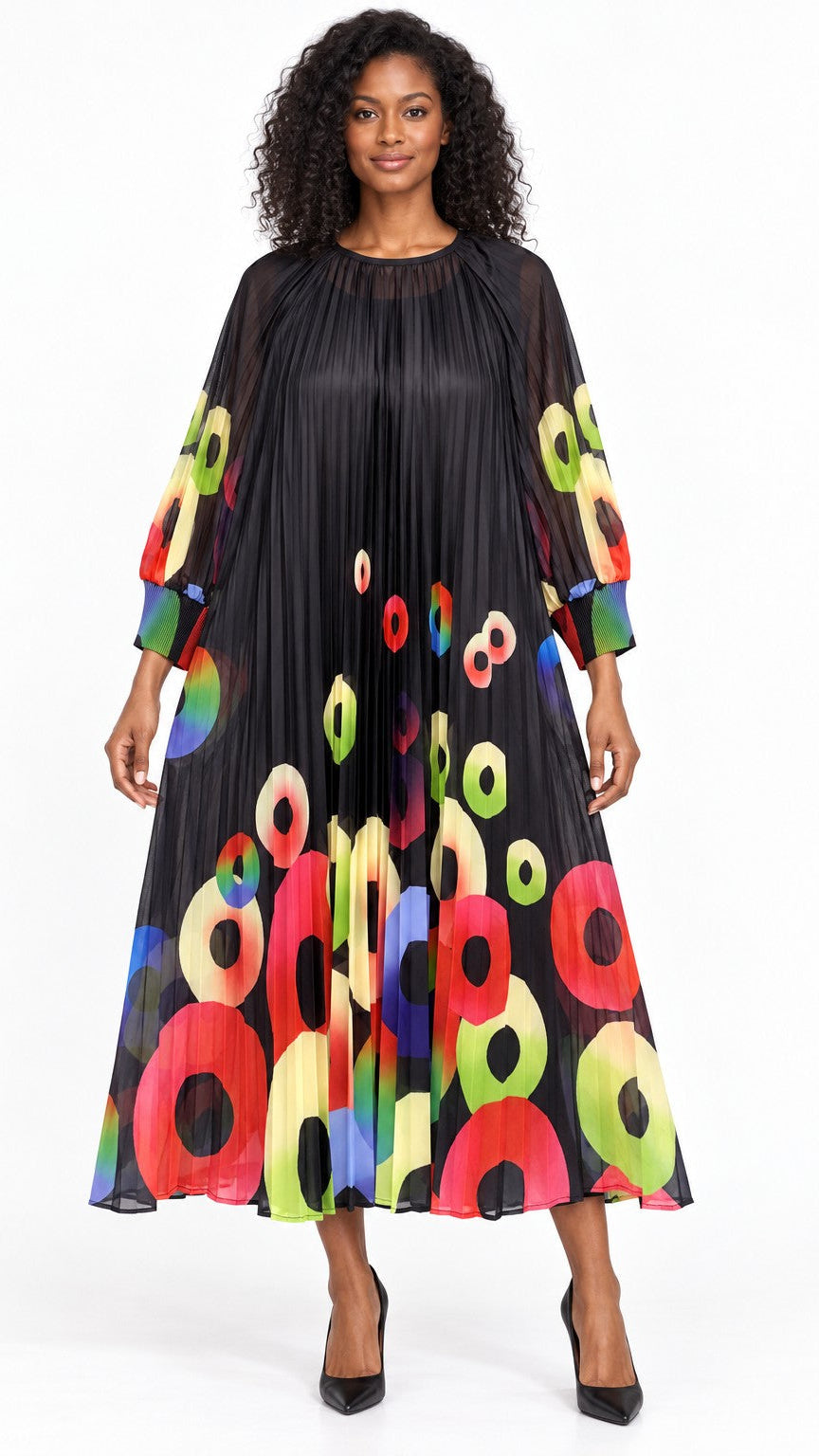Abstract Circle Print Pleated Chiffon Midi Dress