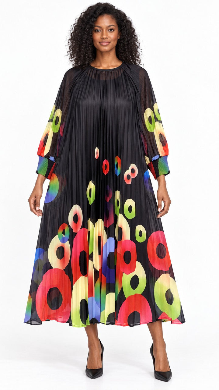 Abstract Circle Print Pleated Chiffon Midi Dress
