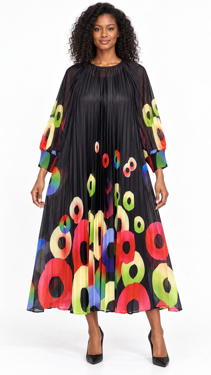 Abstract Circle Print Pleated Chiffon Midi Dress